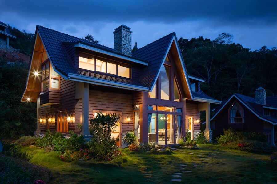 A renovated rental home at dusk